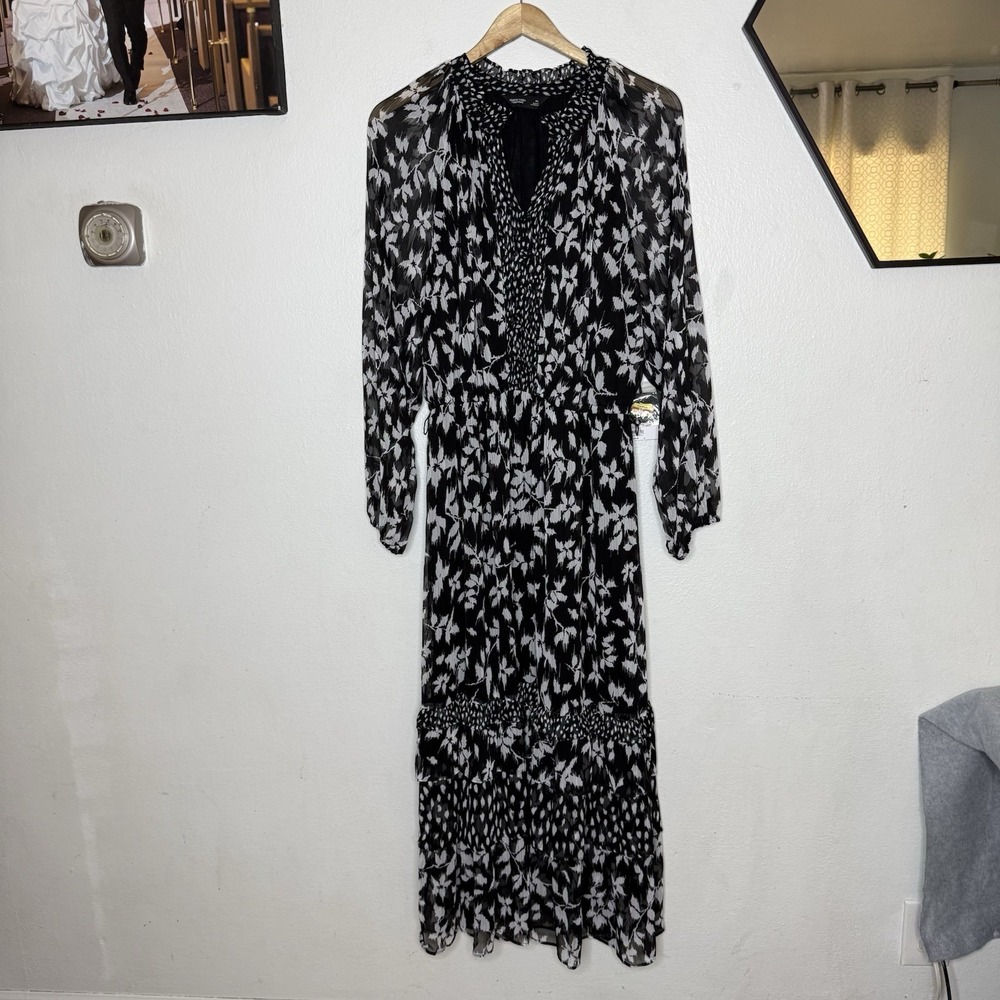 Vera Wang Floral Long Sheer Sleeve Black White Maxi Dress Lined Women's XL